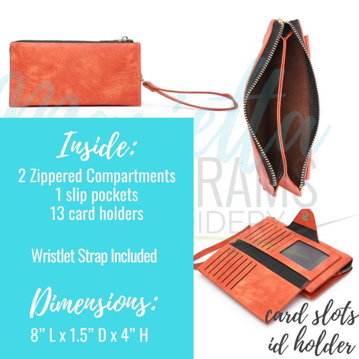 Monogrammed Vegan Leather Wallet with Wristlet Strap - 14 Colors