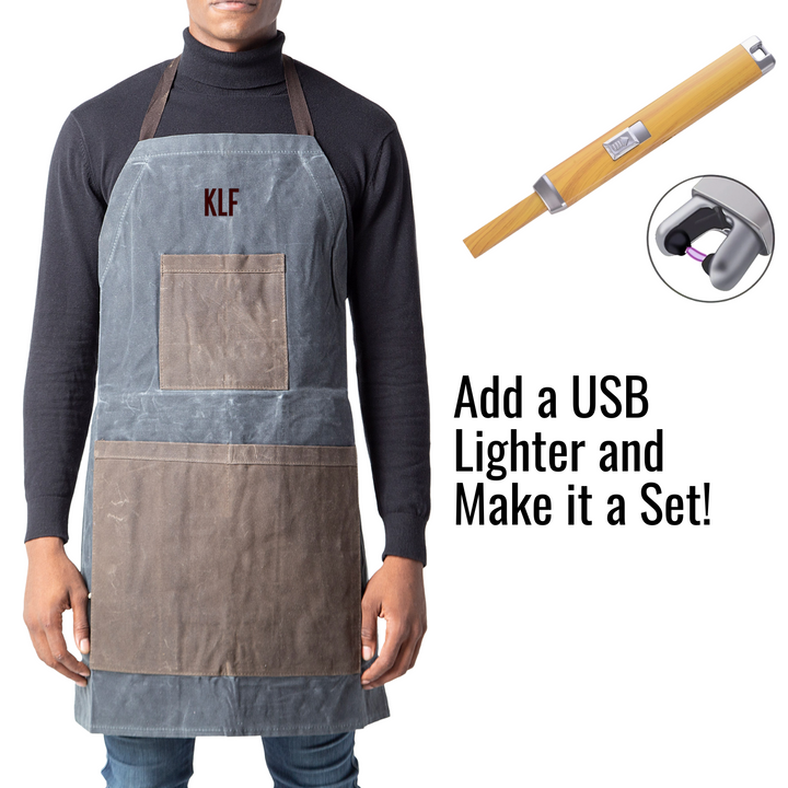 Waxed Canvas BBQ Apron and Lighter Gift Set - Father's Day Gift - Gift for Men - Navy Blue Khaki Brown - 2 Colors