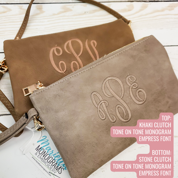 Monogrammed Vegan Leather Clutch 3 Compartment Crossbody Purse Bridesmaid Gift - 30+ Colors