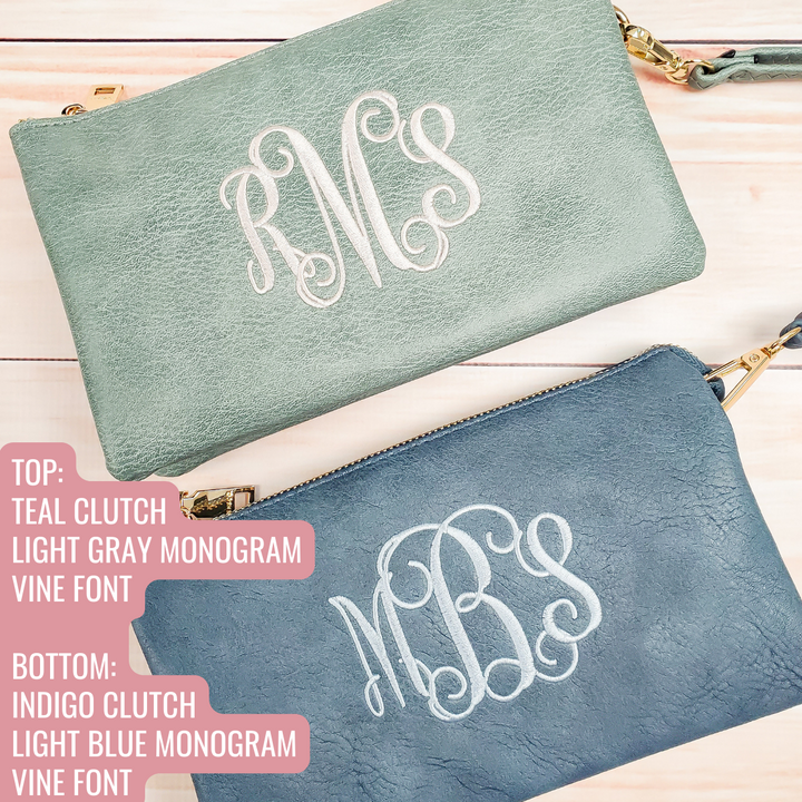 Monogrammed Vegan Leather Clutch 3 Compartment Crossbody Purse Bridesmaid Gift - 30+ Colors