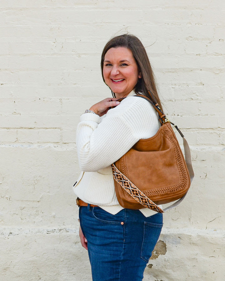 Jen & Co Aris Small Whipstitch Crossbody with Guitar Strap - Monogrammed Cross Body Purse