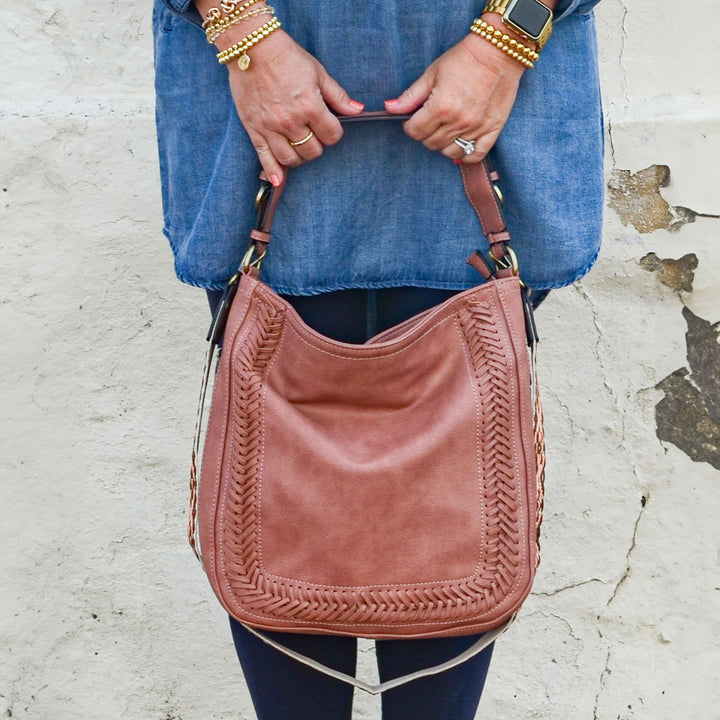 Jen & Co Aris Small Whipstitch Crossbody with Guitar Strap - Monogrammed Cross Body Purse