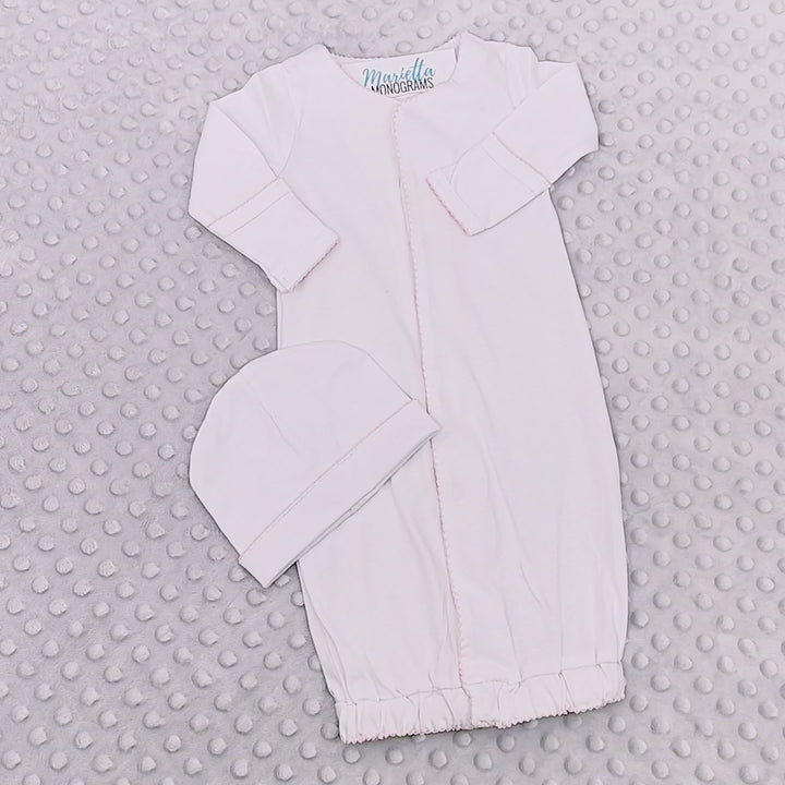 Newborn Gown and Hat Gift Set - White with Blue or Pink Picot Trim