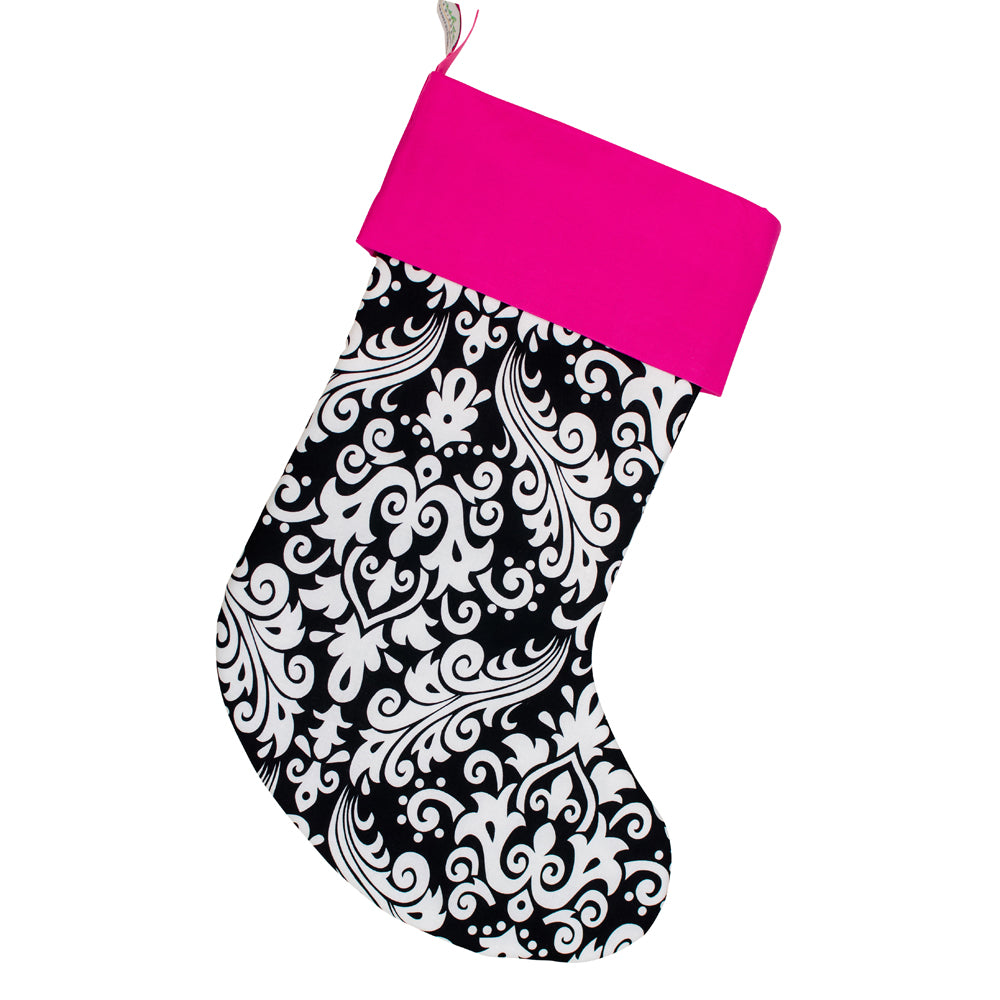 Handmade Large Christmas Stocking -- Black and Pink Damask -- Embroidered Stocking Option Available