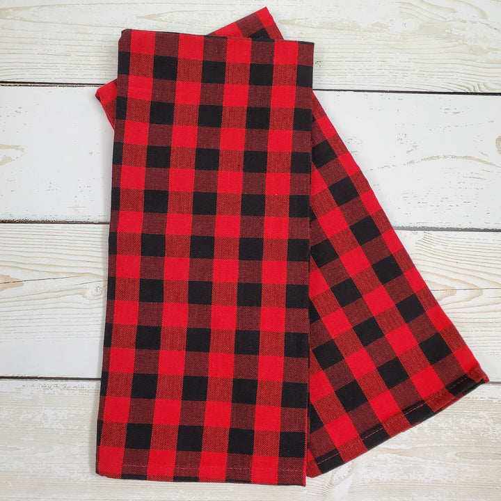 Kitchen Towel Set of Two -- Buffalo Check -- Monogrammed Farmhouse Decor - Black & Red