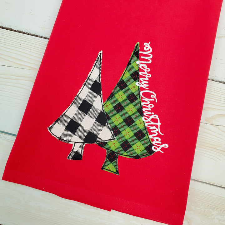 Christmas Tree Applique Kitchen Towel - Red Christmas Tea Towel - Farmhouse Decor