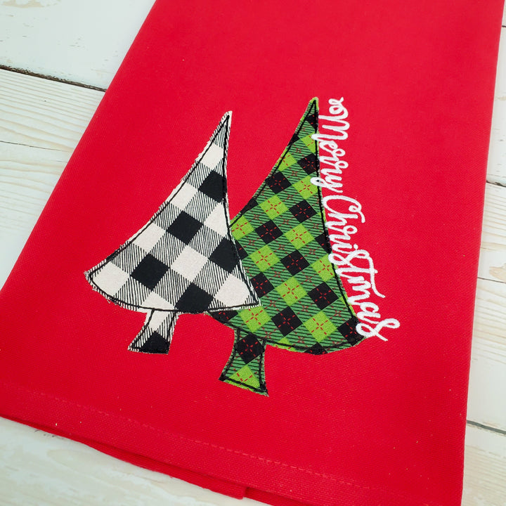 Christmas Tree Applique Kitchen Towel - Red Christmas Tea Towel - Farmhouse Decor