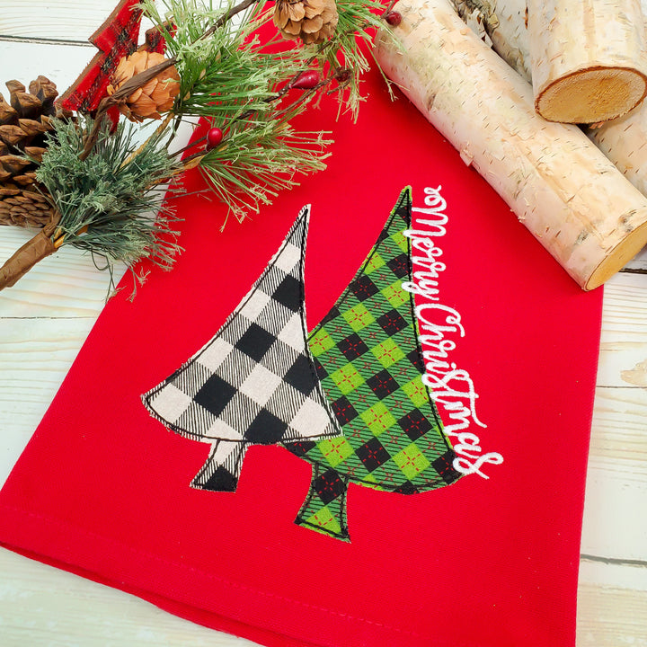 Christmas Tree Applique Kitchen Towel - Red Christmas Tea Towel - Farmhouse Decor