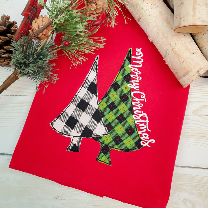 Christmas Tree Applique Kitchen Towel - Red Christmas Tea Towel - Farmhouse Decor