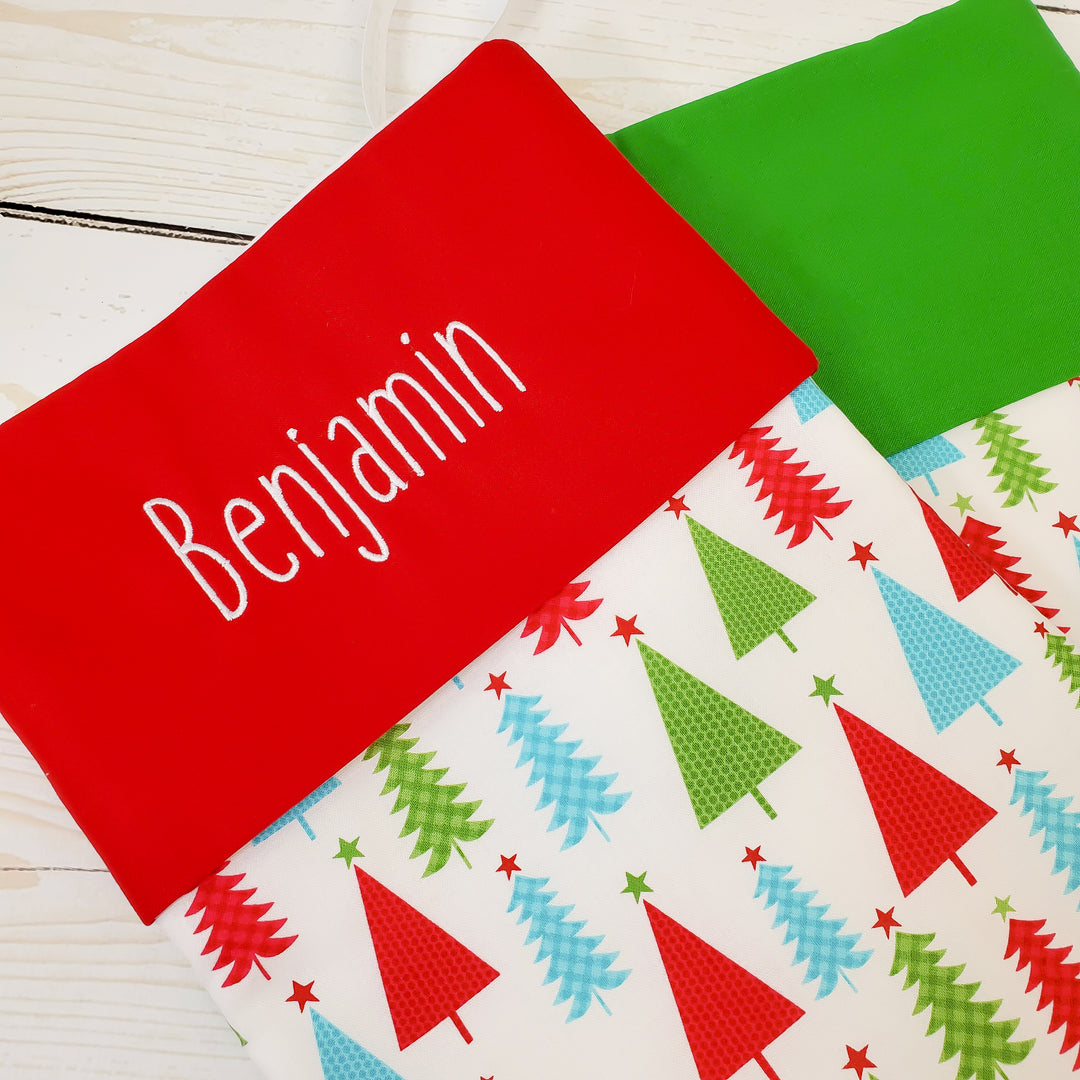 Handmade Large Holiday Stocking | Red and Green Christmas Trees Stocking | Personalized Stocking Option Available