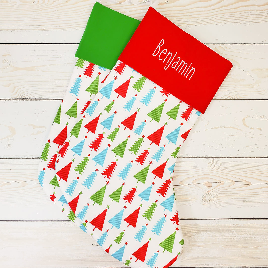 Handmade Large Holiday Stocking | Red and Green Christmas Trees Stocking | Personalized Stocking Option Available