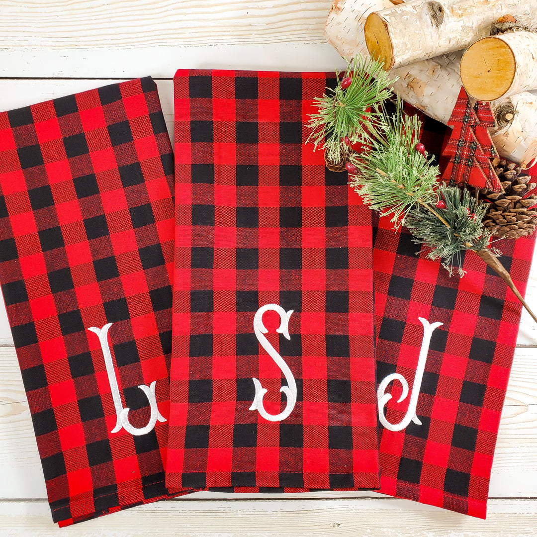 Kitchen Towel Set of Two -- Buffalo Check -- Monogrammed Farmhouse Decor - Black & Red