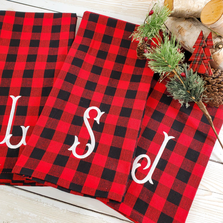 Kitchen Towel Set of Two -- Buffalo Check -- Monogrammed Farmhouse Decor - Black & Red