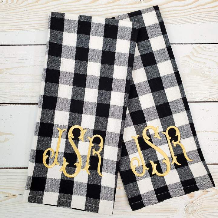 Kitchen Towel Set of Two -- Buffalo Check -- Monogrammed Farmhouse Decor - Black & White