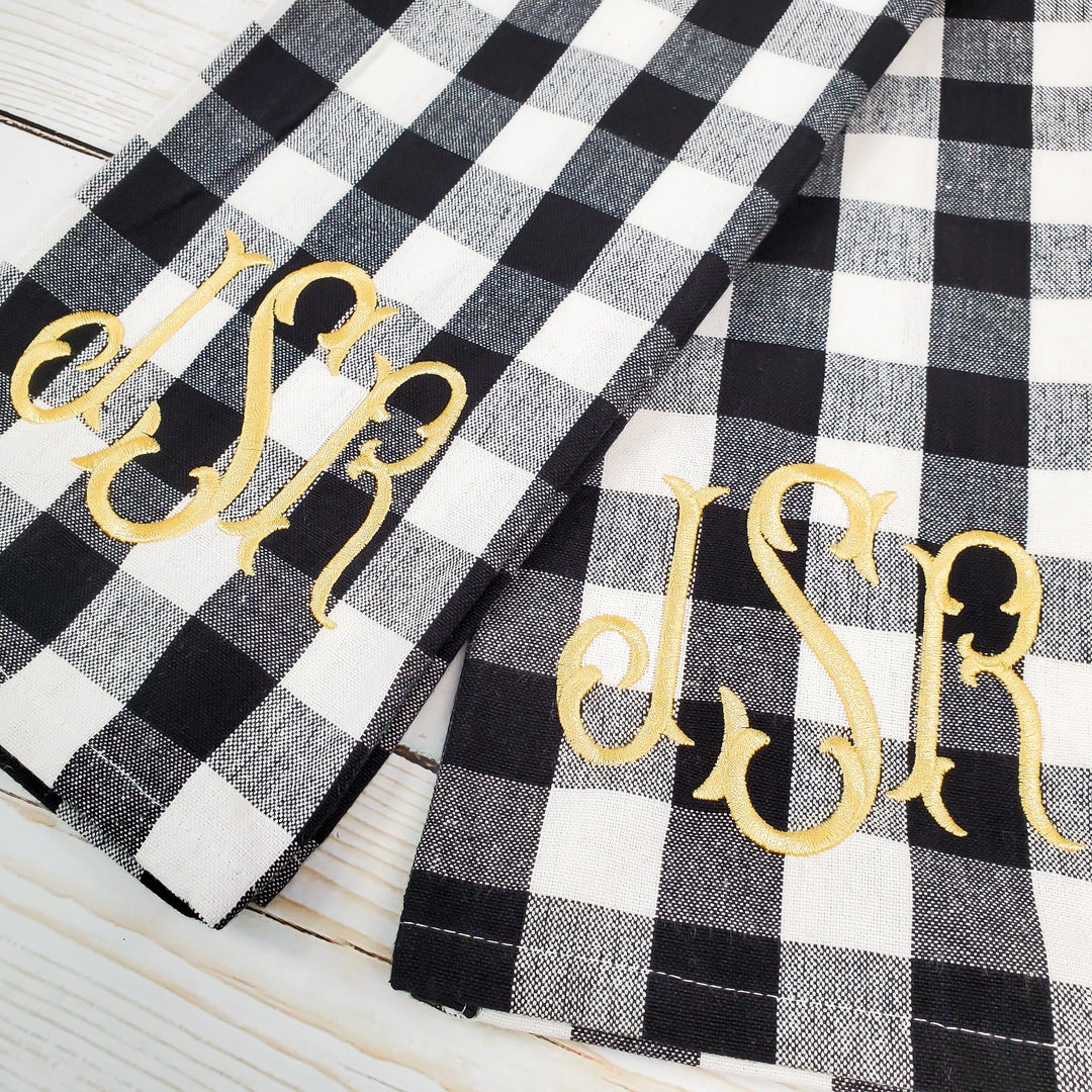 Kitchen Towel Set of Two -- Buffalo Check -- Monogrammed Farmhouse Decor - Black & White