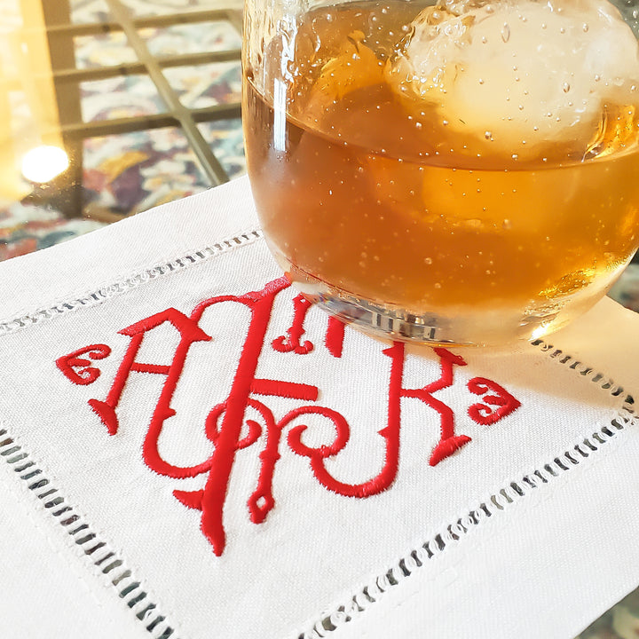 Hemstitch Linen Cocktail Napkins - 2 Styles - Set of Four (4) - White - Christmas Monograms