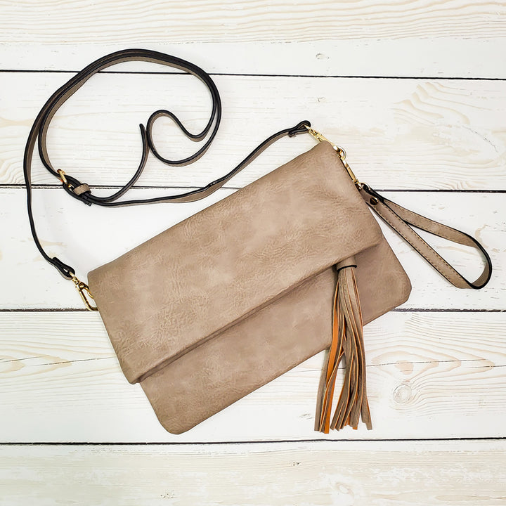 Flapover Crossbody Clutch with Tassel -  Vegan Leather - 3 Colors