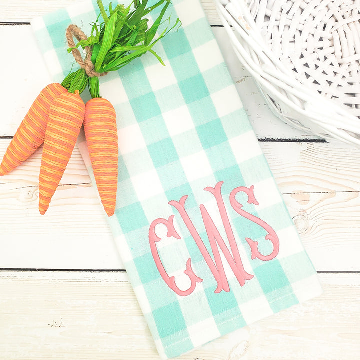 Kitchen Towel Set of Two -- Aqua Buffalo Check -- Monogrammed Farmhouse Decor