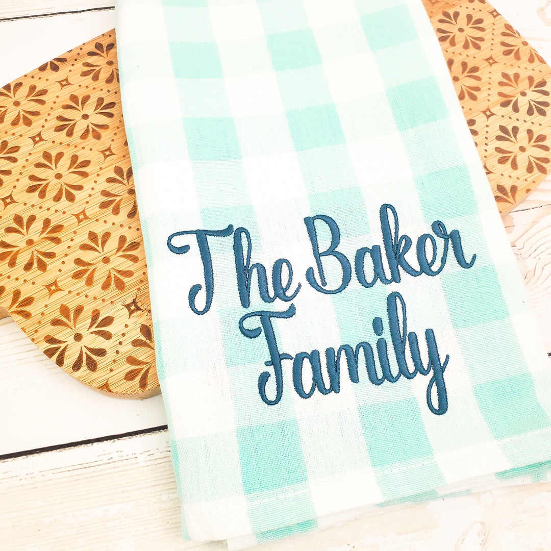 Kitchen Towel Set of Two -- Aqua Buffalo Check -- Monogrammed Farmhouse Decor