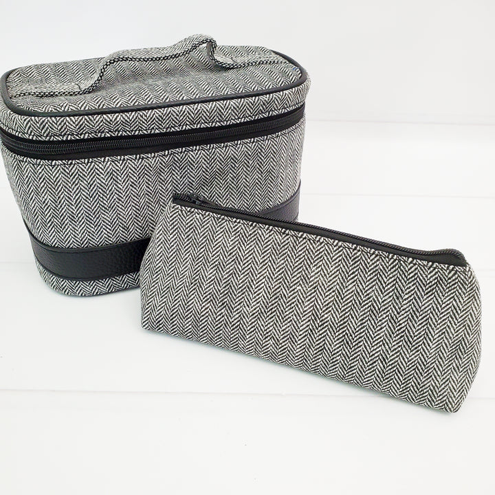 Canvas Train Case Cosmetic Travel Bag - Herringbone