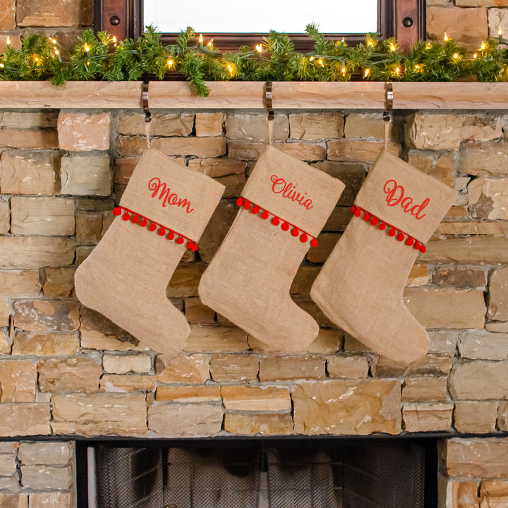 Burlap Personalized Christmas Stocking With Red Pom Poms