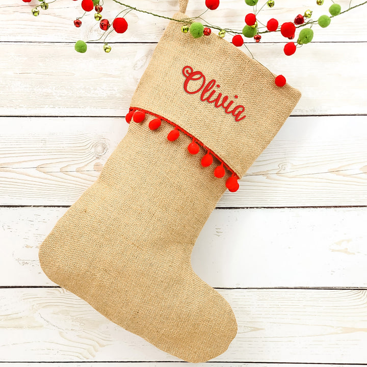 Burlap Personalized Christmas Stocking With Red Pom Poms