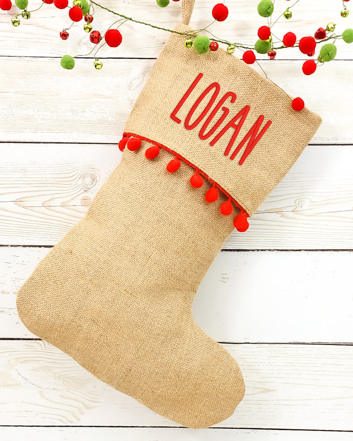 Burlap Personalized Christmas Stocking With Red Pom Poms