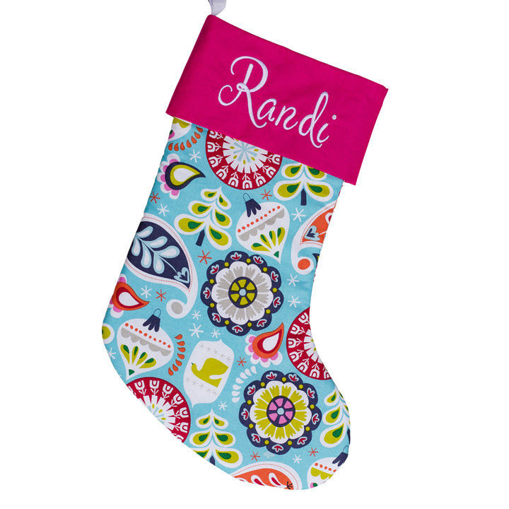 Handmade Large Holiday Stocking | Bright Blue Ornaments | Hot Pink Stocking | Personalized Stocking Option Available
