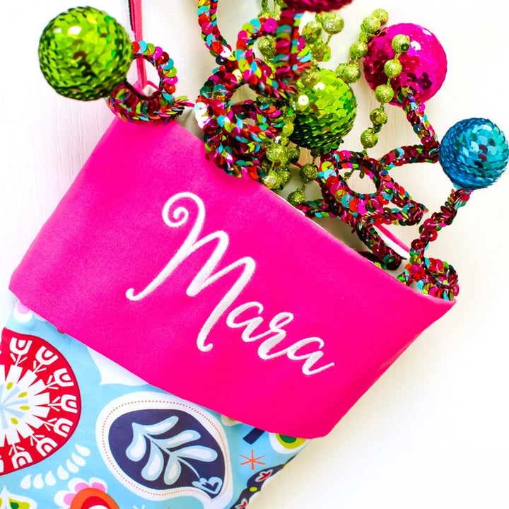 Handmade Large Holiday Stocking | Bright Blue Ornaments | Hot Pink Stocking | Personalized Stocking Option Available