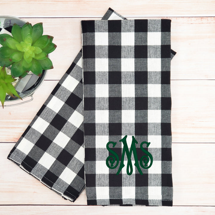 Kitchen Towel Set of Two -- Buffalo Check -- Monogrammed Farmhouse Decor - Black & White