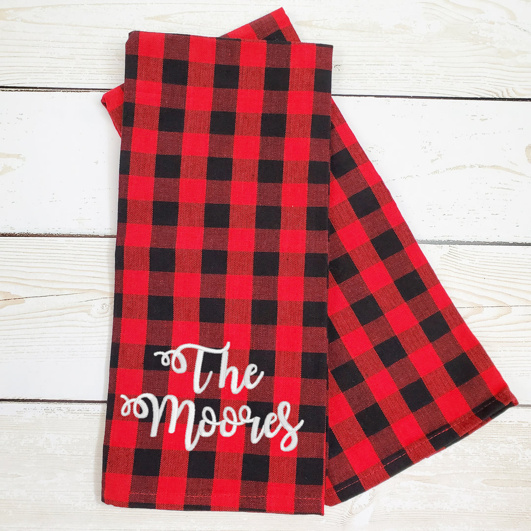 Kitchen Towel Set of Two -- Buffalo Check -- Monogrammed Farmhouse Decor - Black & Red