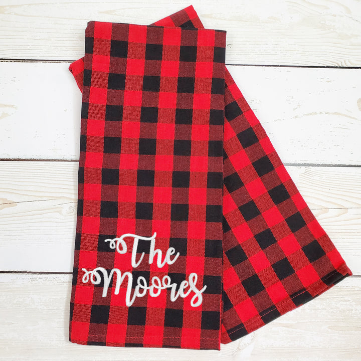 Kitchen Towel Set of Two -- Buffalo Check -- Monogrammed Farmhouse Decor - Black & Red