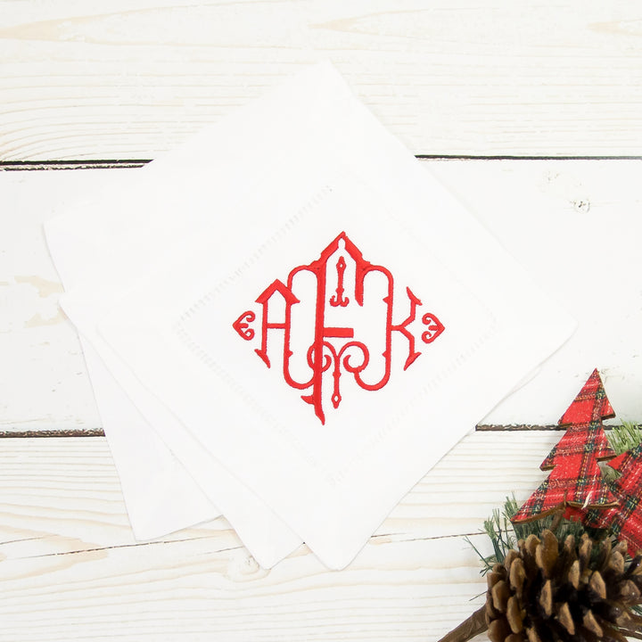 Hemstitch Linen Cocktail Napkins - 2 Styles - Set of Four (4) - White - Christmas Monograms