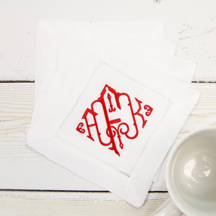 Hemstitch Linen Cocktail Napkins - 2 Styles - Set of Four (4) - White - Christmas Monograms