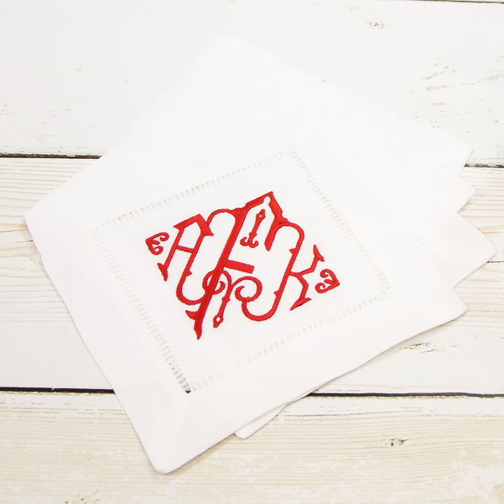 Hemstitch Linen Cocktail Napkins - 2 Styles - Set of Four (4) - White - Christmas Monograms