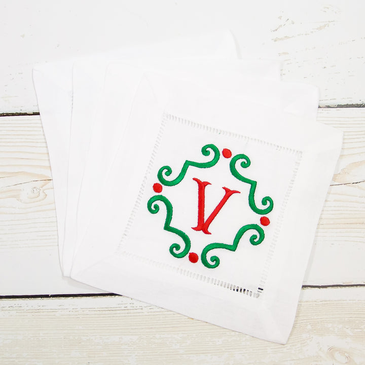 Hemstitch Linen Cocktail Napkins - 2 Styles - Set of Four (4) - White - Christmas Monograms