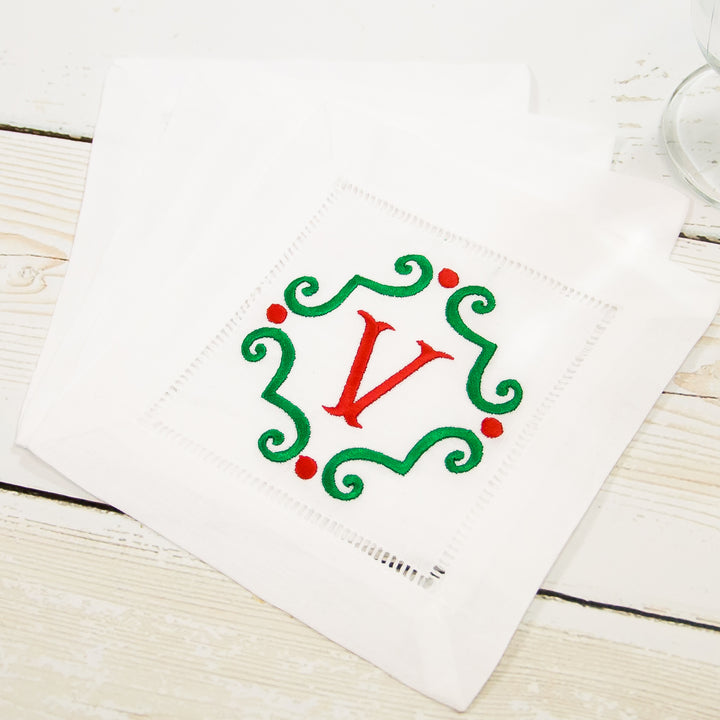 Hemstitch Linen Cocktail Napkins - 2 Styles - Set of Four (4) - White - Christmas Monograms
