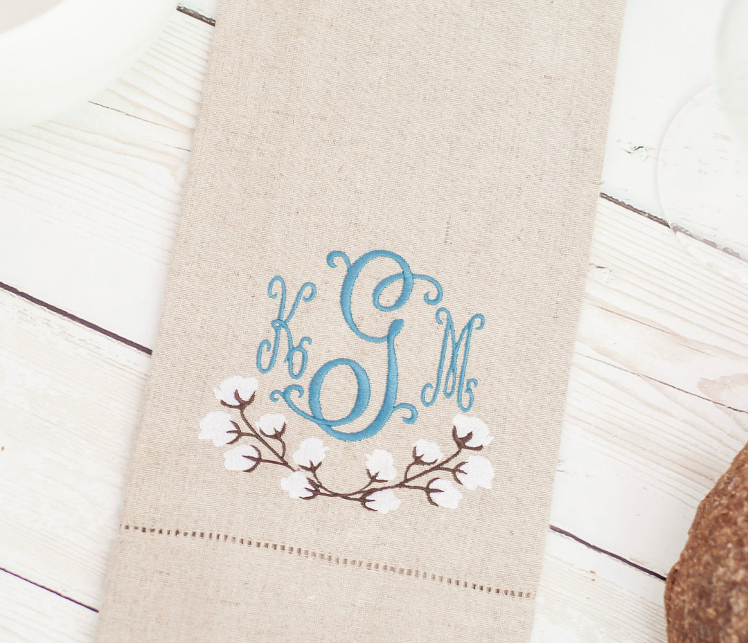 Cotton Ball Monogrammed Oatmeal Linen Hemstitched Guest Towel - Farmhouse Decor