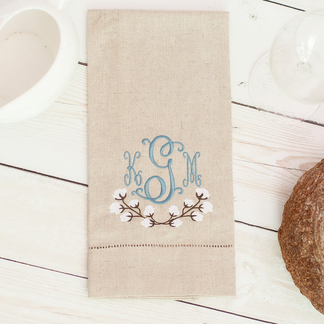 Cotton Ball Monogrammed Oatmeal Linen Hemstitched Guest Towel - Farmhouse Decor