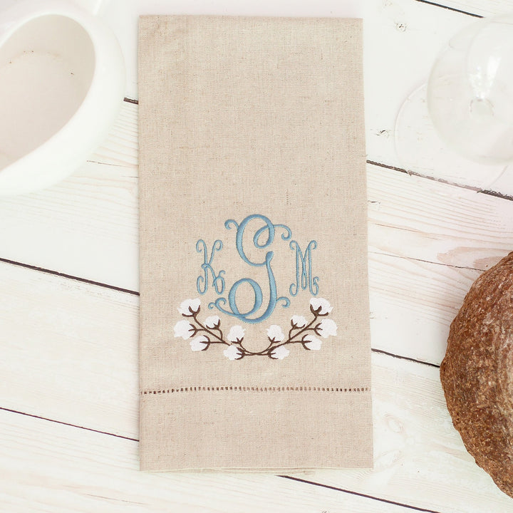 Cotton Ball Monogrammed Oatmeal Linen Hemstitched Guest Towel - Farmhouse Decor