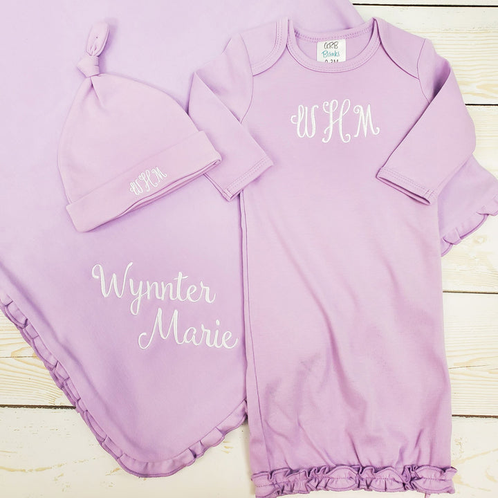 Monogrammed Knit Baby Gown with Hidden Zipper and Hat Gift Set - 7 Colors