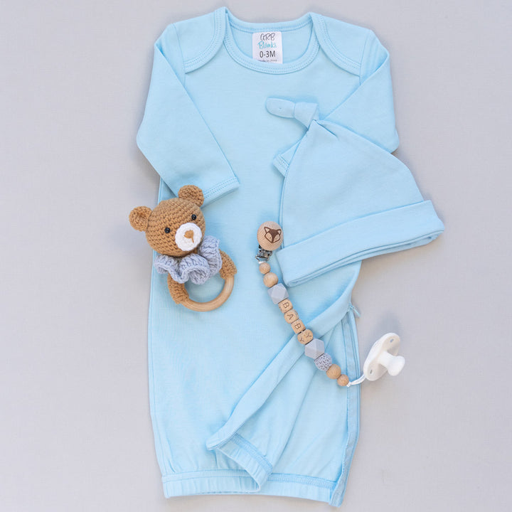 Monogrammed Knit Baby Gown with Hidden Zipper and Hat Gift Set - 7 Colors