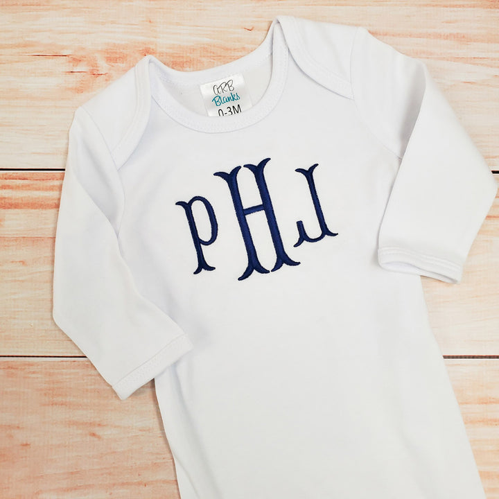 Monogrammed Knit Baby Gown with Hidden Zipper and Hat Gift Set - 7 Colors