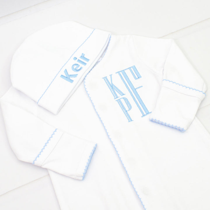 Newborn Gown and Hat Gift Set - White with Blue or Pink Picot Trim