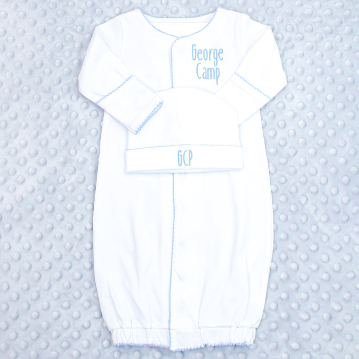 Newborn Gown and Hat Gift Set - White with Blue or Pink Picot Trim