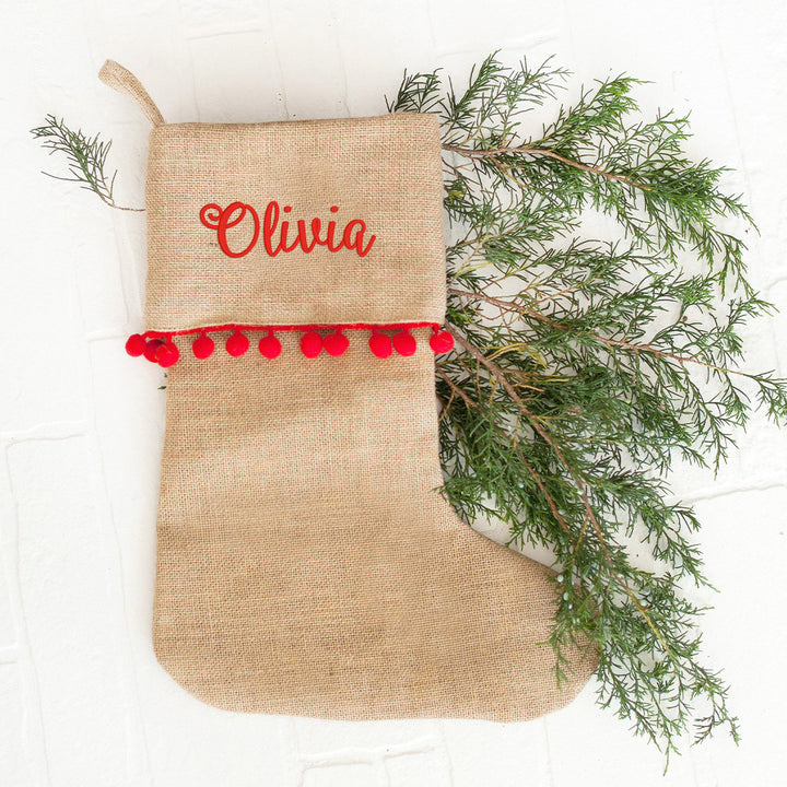 Burlap Personalized Christmas Stocking With Red Pom Poms