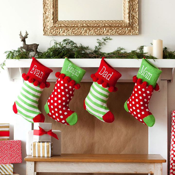 Personalized Knit Stocking with Pom Poms