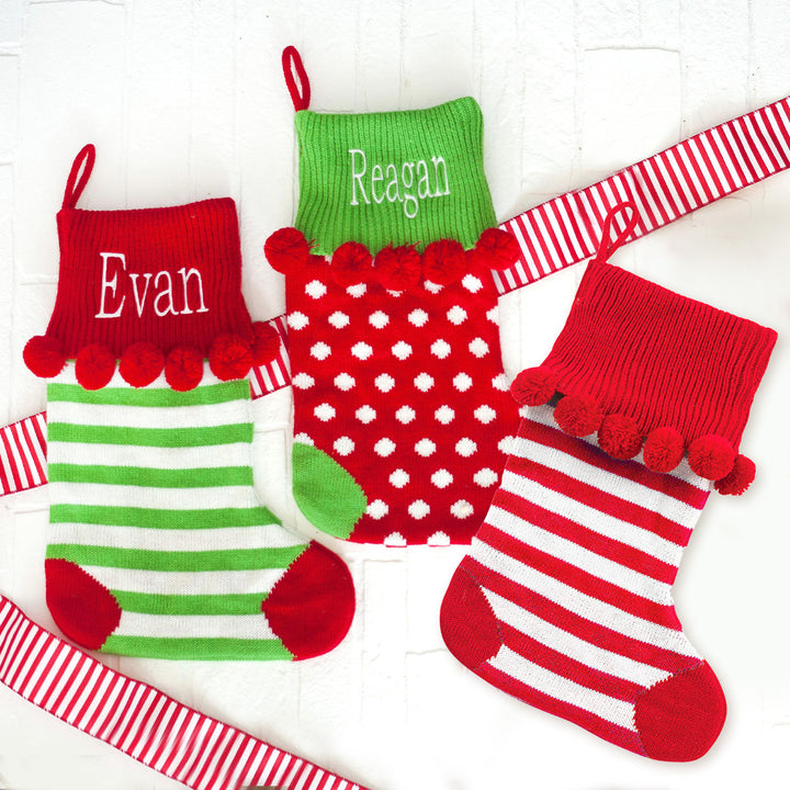 Personalized Knit Stocking with Pom Poms