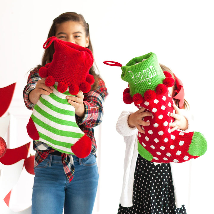 Personalized Knit Stocking with Pom Poms