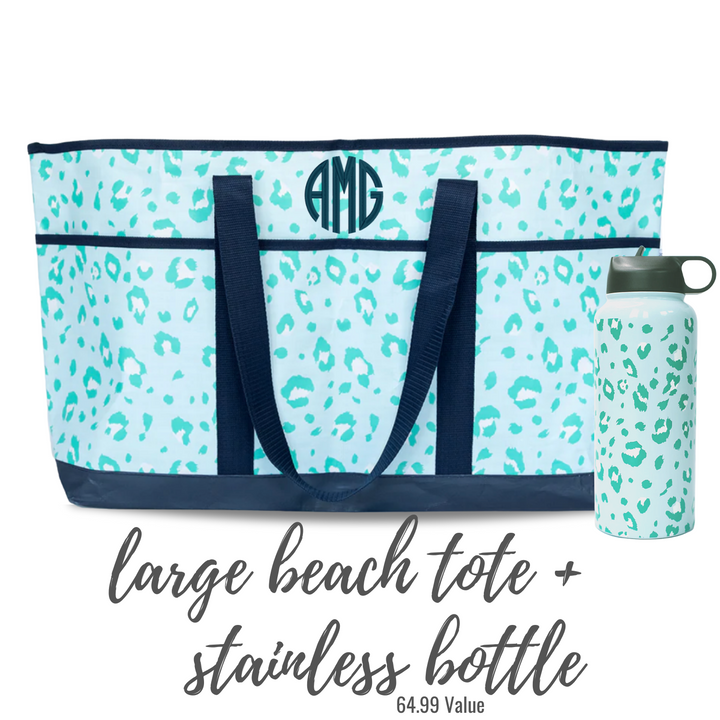 Extra Large Stainless Water Bottle 32 oz + Beach Tote Gift Set - 2 Colors